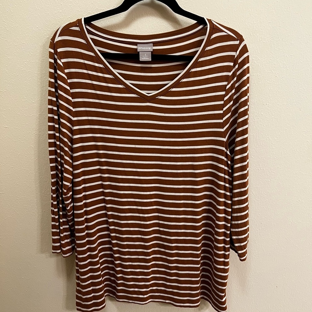 Chico's Brown and White Striped V-Neck Long Sleeve Tee